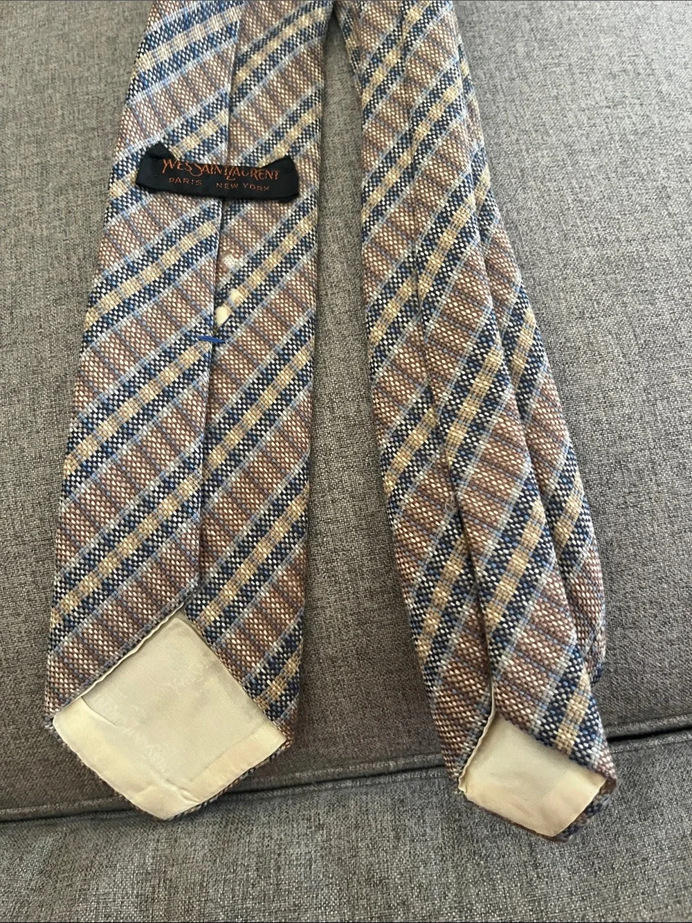 Yves Saint Laurent Brown and Blue Plaid Woven Tie